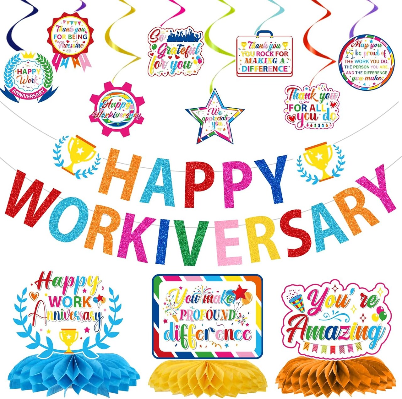 Happy Work Anniversary Decorations - 13PCS Glitter Banner, Hanging Swirls & Centerpieces (Colorful) 6"L x 6"W